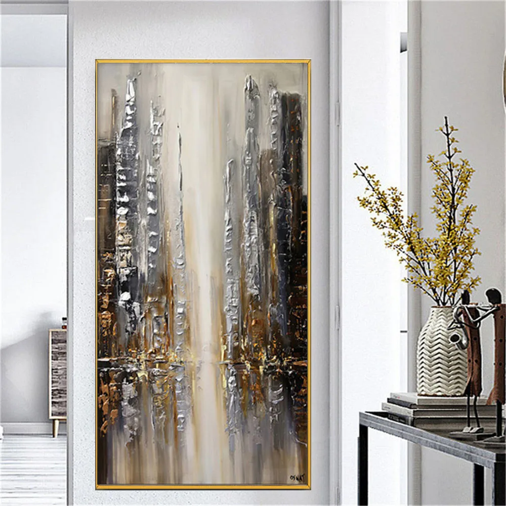 

Pure Hand-Painted Abstract Oil Painting On Canvas Thick Oil Texture Gold City Wall Picture Modern Wall Art For Living Room Decor