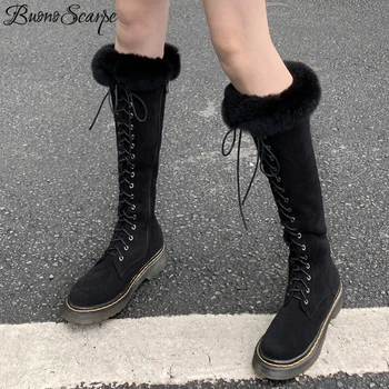 

Warm Fur Winter Boots Female Zipper Knee High Boots Round Toe Suede Leather Plush Botas Mujer Laces Platform Casual Boots 2020
