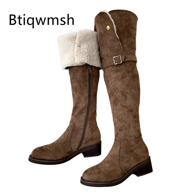 

2019 Winter Fur Over The Knee Boots Women Round Toe Real Leather Belt Buckle Low Heel Boots Ladies Fashion Wool Long Snow Boots