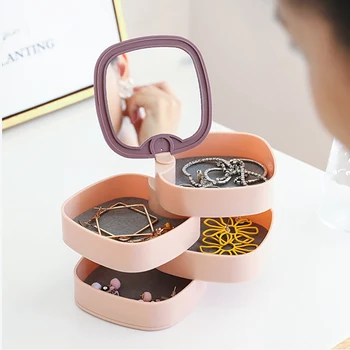 

New Women Jewelry Storage Box 4-layer Rotatable Jewelry organizer Desktop Storage Tray With Mirror Lid Birthday Gift For Wife