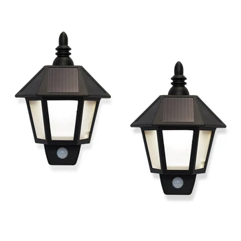 

2 Solar Rechargeable Security Wall Sconce Lights with High Tech Motion Detection, Black Exterior, Warm White LEDs