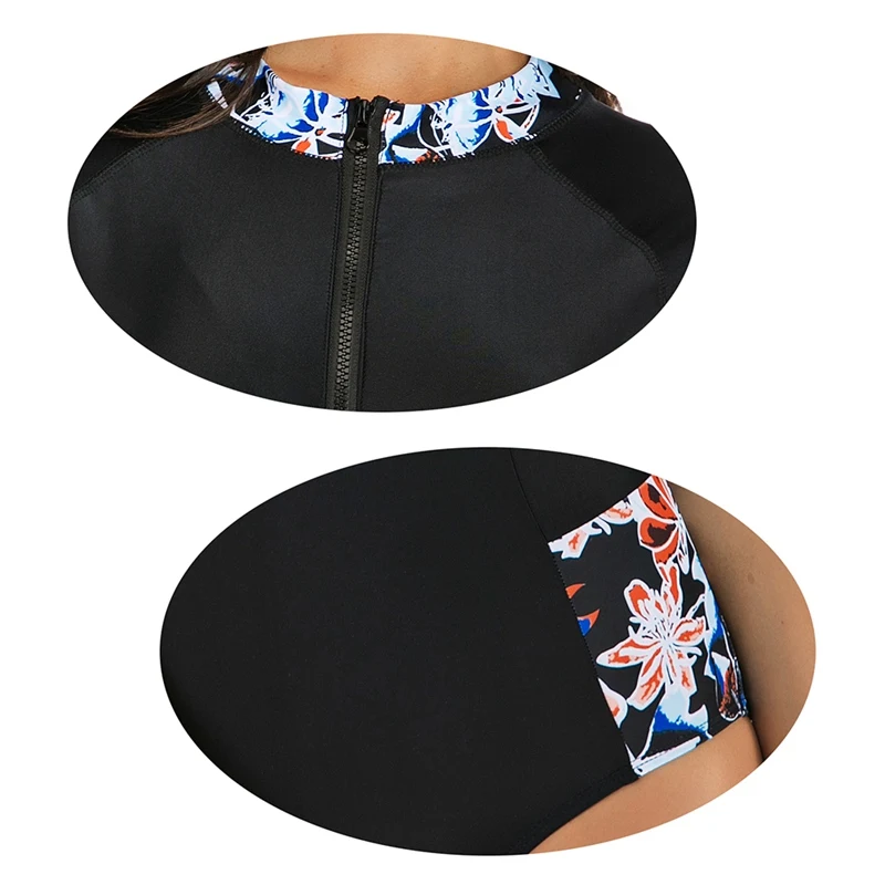 Women Short Sleeve RashGuard One-Piece Patchwork Zipper Quick Drying Swimsuit Diving Surfing Swimwear