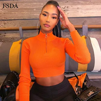 

FSDA Green Orange Black Zipper Neon T Shirt Crop Long Sleeve Turtleneck Autumn Sexy Casual Women Streetwear Top
