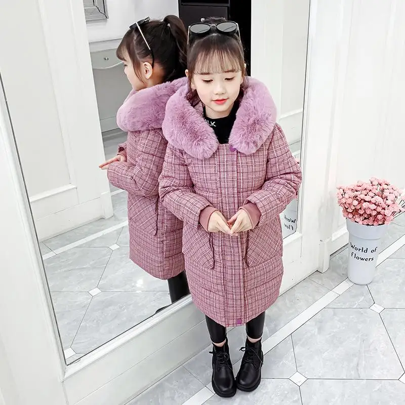 Pink Хлопковая куртка для студентов новая зимняя детская одежда длинная плотная хлопковая клетчатая одежда с меховым воротником для маленьких девочек - Цвет: Pink