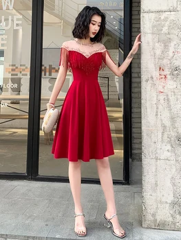

Beading Tassel Gorgeous Short Evening Gowns Wine Red Black Luxury Party Dress Women Pleated Zipper Elegant Ball Gown