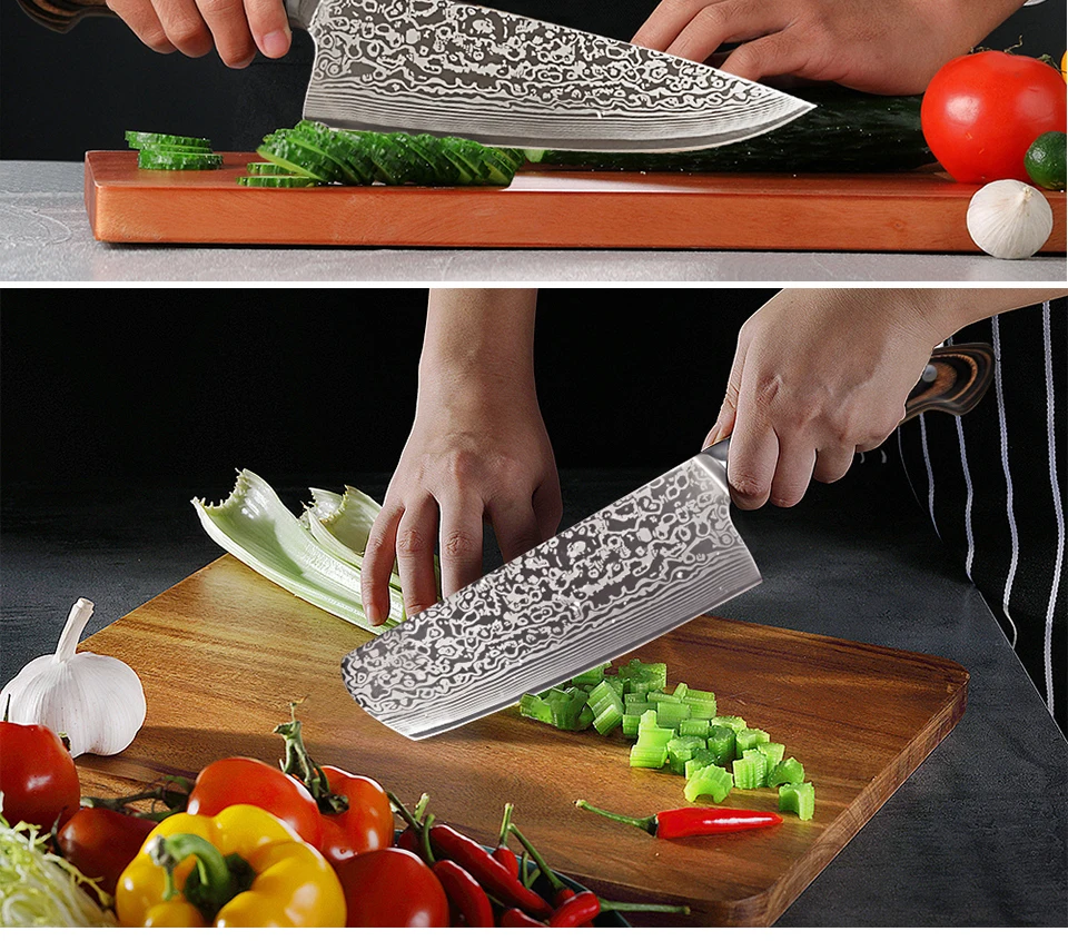 SHUOOGE набор кухонных ножей из высокоуглеродистой нержавеющей стали, японская серия, дамасский лазерный узор, кухонный нож шеф-повара
