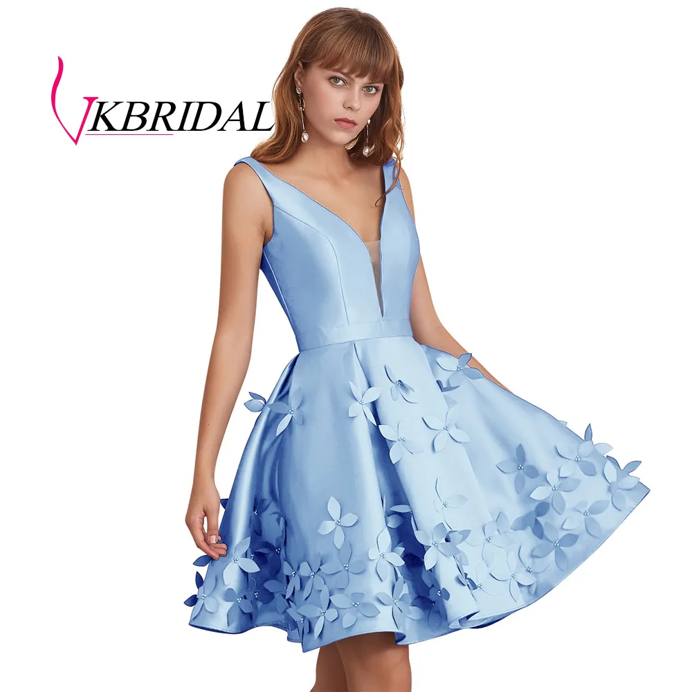 VKBRIDAL с низким вырезом на спине тёмно-синие короткие платья для выпускного вечера сексуальное подключения-водолазки для девочек атласное платье Встреча выпускников/корпоративы Выпускной платье - Цвет: Небесно-голубой