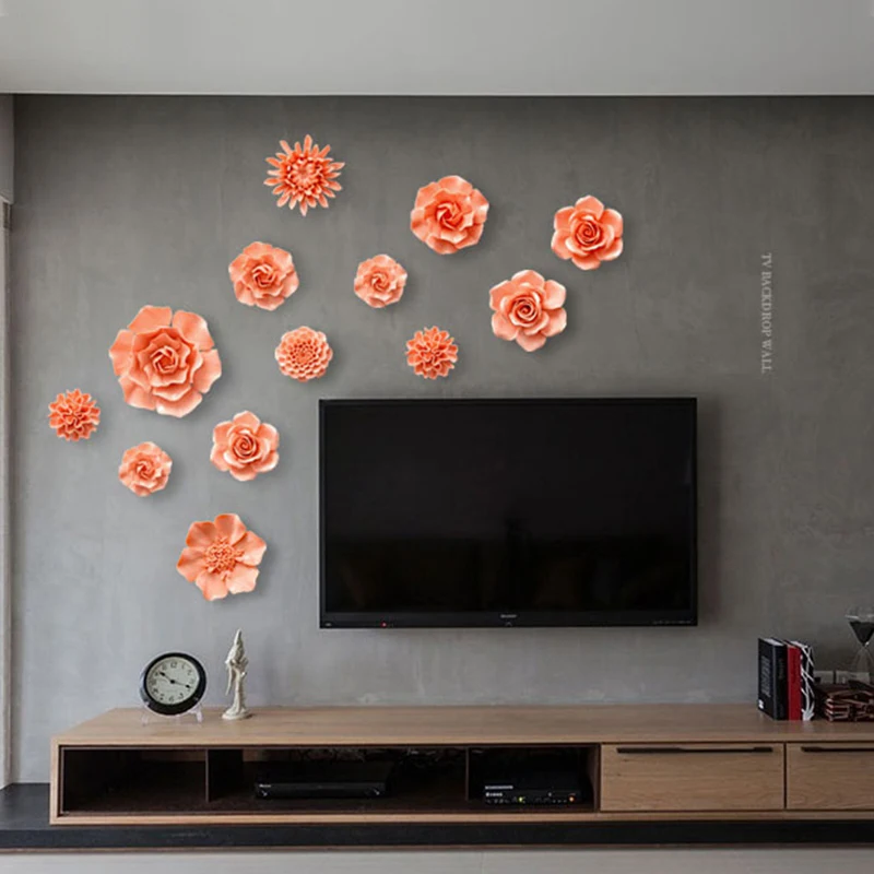 Chinese Orange Ceramic Peony Rose Flower Wall Hanging Home Livingroom Wall Sticker Decoration Cafe Store Lobby Mural Crafts