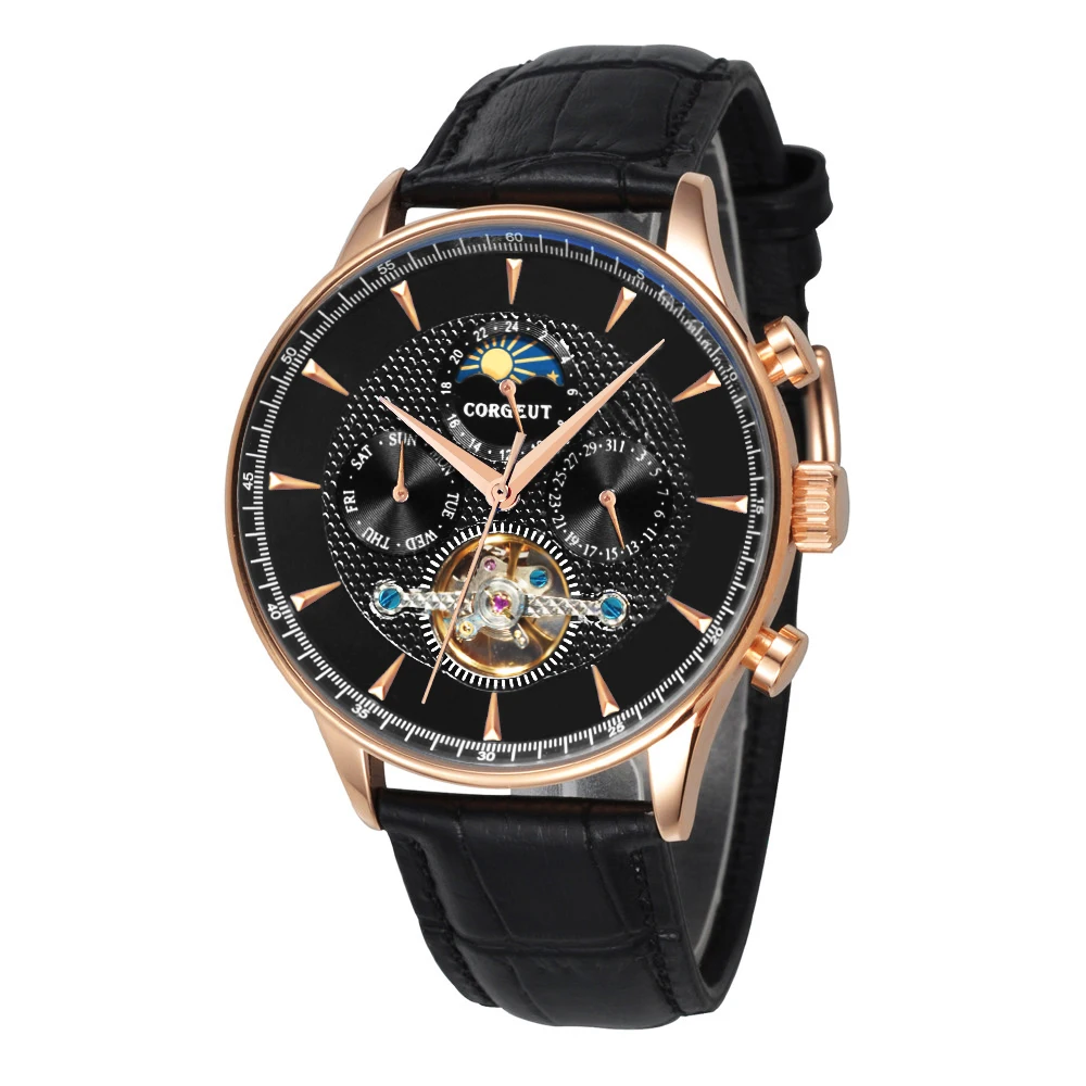 

Luxury Brand Corgeut4mm Automatic Pulse Rose Gold Men's Machinery Watch Sunday Calendar Displays Automatic Men's Watch sapphire