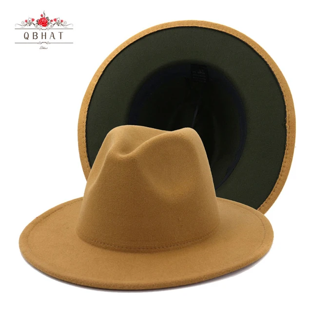 QBHAT-Sombrero de de lana de imitación para hombre y mujer, sombrero Fedora de Jazz de lados, interior, oliva, para fiesta - AliExpress