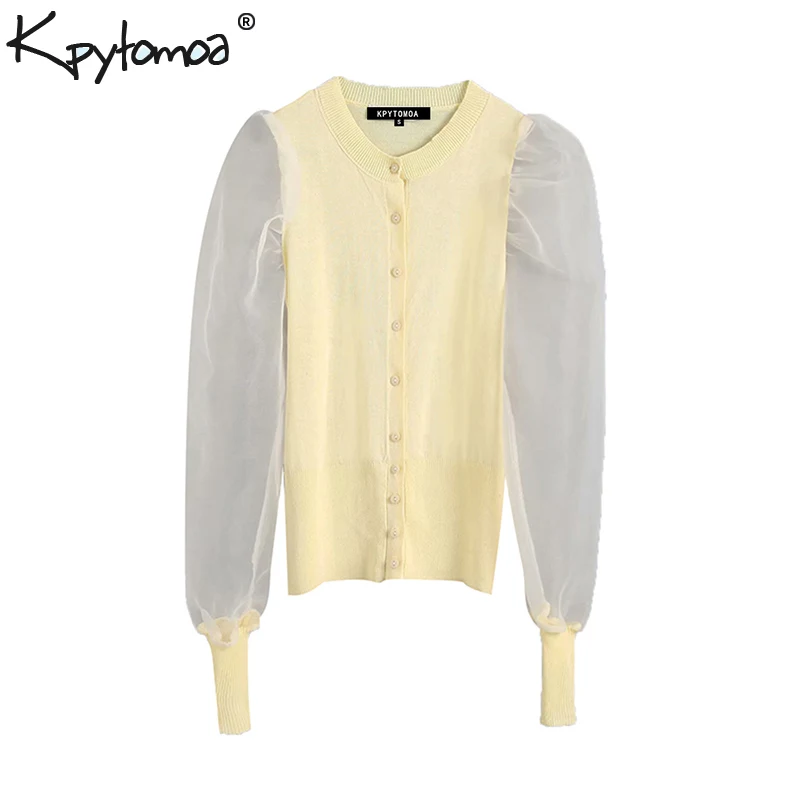 

Vintage Stylish Organza Patchwork Knitted Cardigans Sweater Women 2019 Fashion See Through Long Puff Sleeve Outerwear Chic Tops