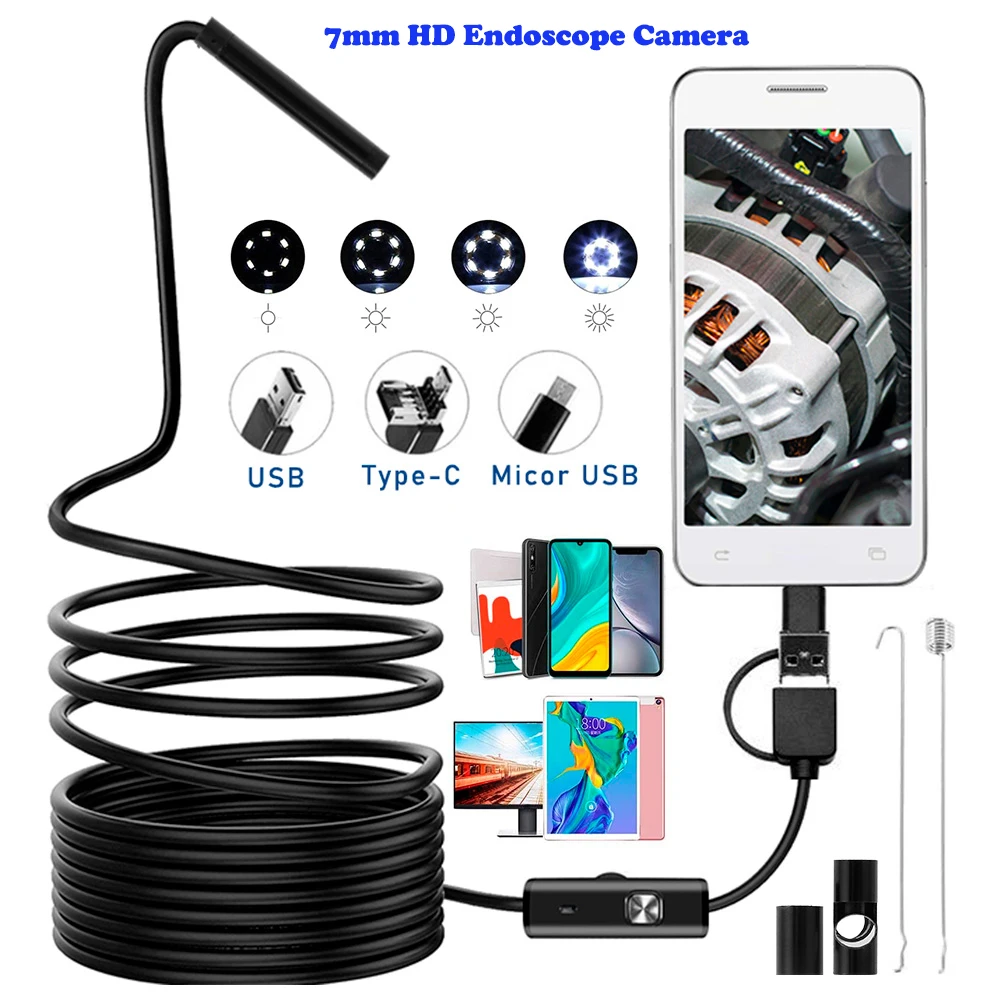 Artículo caliente Cámara HD para endoscopia, 7mm, Flexible, IP67, impermeable, Micro boroscopio de inspección USB, para Android, PC, Notebook, 6LED, ajustable Myw5eMeXVz9