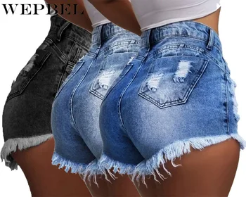 

WEPBEL Women Denim Ripped High Waist Shorts Hot Shorts Washed Jeans Summer Short Pants Plus Size