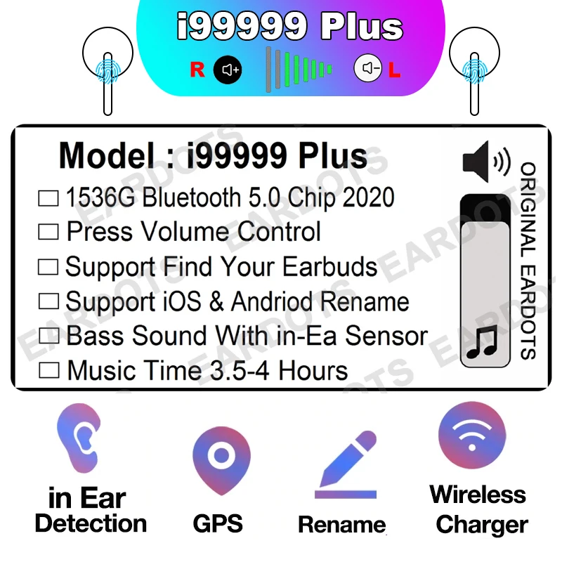 

Original i99999 Plus TWS Wireless Earphone Air2 Rename Bluetooth 5.0 Earphone Volume Control Super Bass Earbuds PK i90000 Max