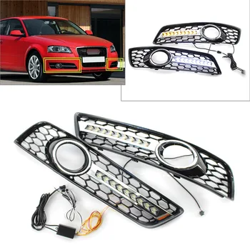 

For Audi A3 8P 2009 2010 2011 2012 2013 Car Styling Front Fog Light Lamp Cover Honeycomb Mesh Grill w/ LED Light Left/Right 2Pcs