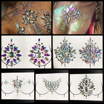 

Glitter Breast Gem Tattoo Sticker Pretty Jewels Nipple Sticker Shining 3D Sexy Crystal Accessories For Queen Show Body Art Paste