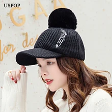 USPOP, женские кепки, зимние бейсболки с буквенным принтом, толстые бархатные теплые вязаные бейсболки, шапки с помпоном, козырек