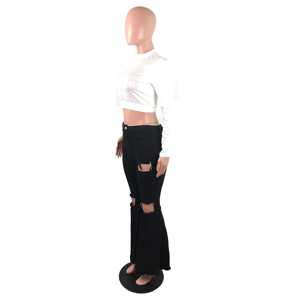 Wjustforu модные рваные расклешенные брюки для женщин повседневные Черные Облегающие рваные джинсы женские элегантные широкие джинсы Vestidos Slim