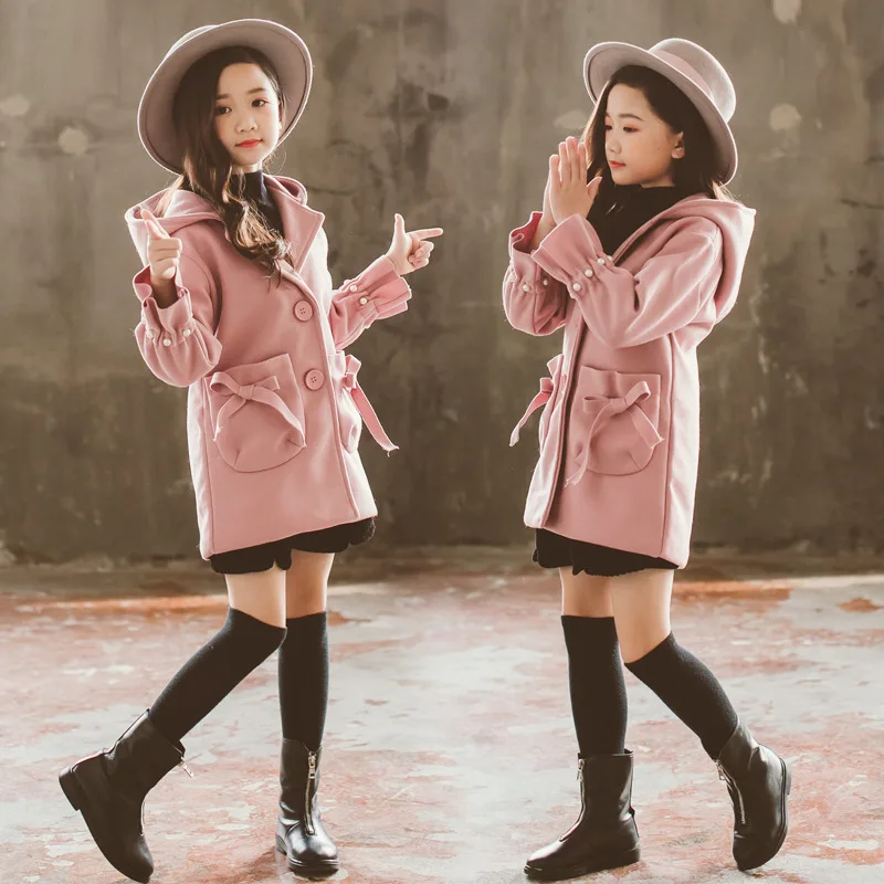 

Autumn Winter Teenage Girls Elegant Jacket Fashion Baby Girls Warm Thick Hooded Woolen Coats For Kids Girls Outerwear Clothing