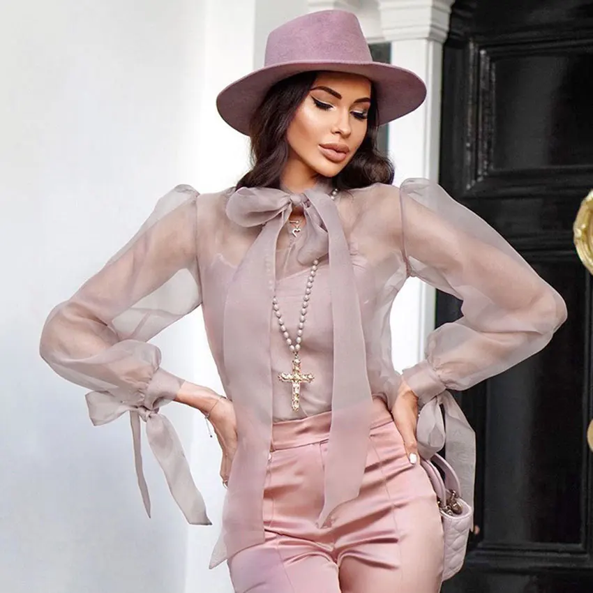 Pink OOTN розовая блуза из органзы с галстуком-бабочкой, женские сексуальные топы из прозрачной сетки, рубашка с пышными рукавами, женские весенне-летние блузки - Цвет: Pink