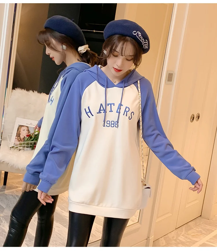 Winter maternity dress new Korean version of the hooded top plus velvet sweater loose long paragraph letters embroidered dress