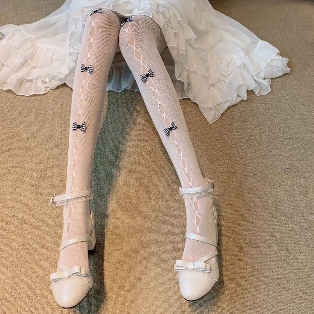 Женские колготки Lolita JK в стиле ретро молочно-белые полые клетчатые строгие