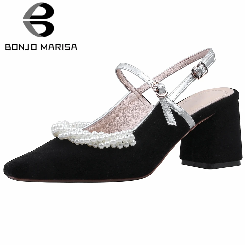 

BONJOMARISA Genuine Leather Female Summer Sandals Pointd Toe Pearl Solid High Heels Casual Sandals Women Brand Shoes Woman
