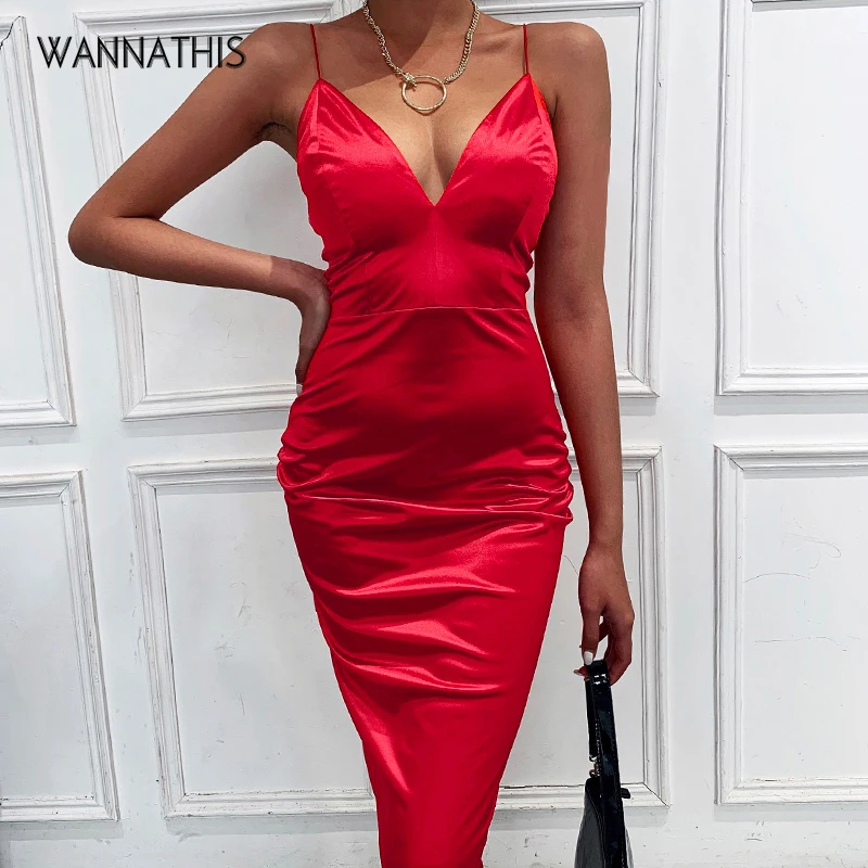 WannaThis Красное Атласное летнее женское облегающее платье до колена с глубоким v