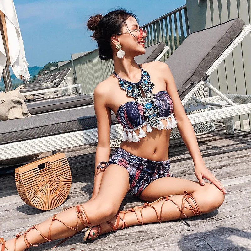 

South Korea Graceful Sexy Slimming Long Sleeve Blouse Small Bust Gathering Bubble Hot Spring Skirt Two-piece Swimsuits Women's T