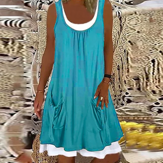 Summer Patchwork Short Dress Women 2021 Casual O Neck Pocket Party Dress Ladies Sleeveless Loose Beach Dresses Plus Size Blue