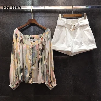 

High Quality Short Sets 2020 Spring Summer Casual Suit Ladies Sexy Square Collar Tunic Print Long Sleeve Shirts+White Shorts 2PC