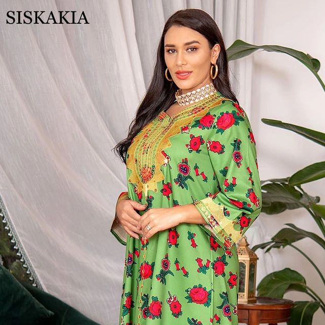 Siskakia Arabic Dubai Hijab Dress For Women Green Ramadan Eid  Jalabiya Fashion Muslim Moroccan Kaftan Turkey Islamic Clothing 4