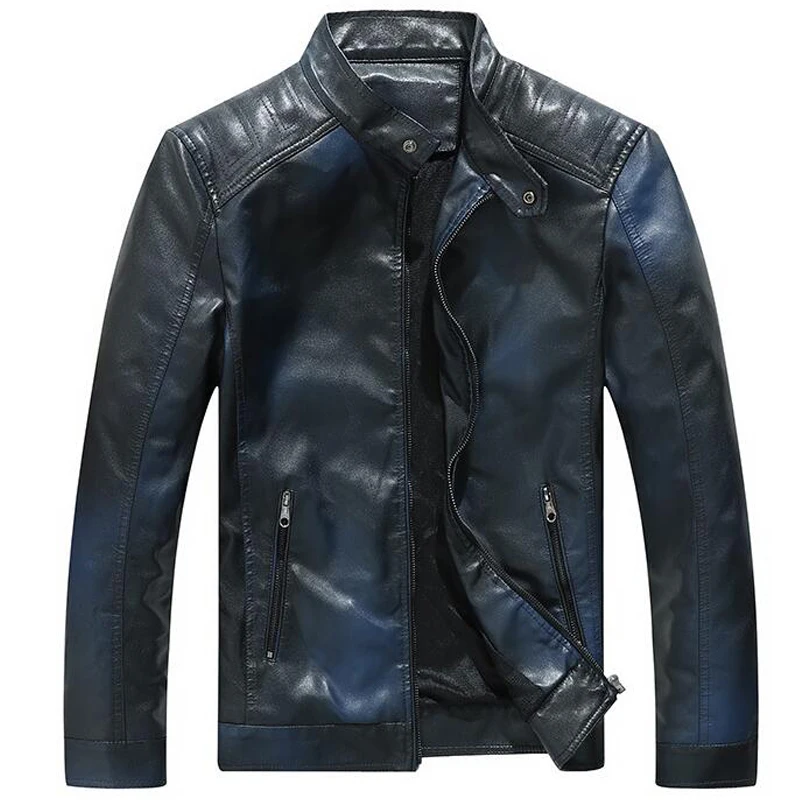 

Fleece Leather Jacket Gradient Color Stand Collar PU Coat Mens Casual Gothic Motorcycle Biker Punk Soft Faux Leather Jackets