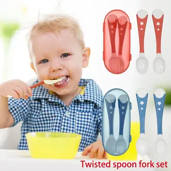 

Children's Twisted Fork Spoon Set Baby Food Supplement Tableware Learning To Eat Spoons Can Be Curved Spoon