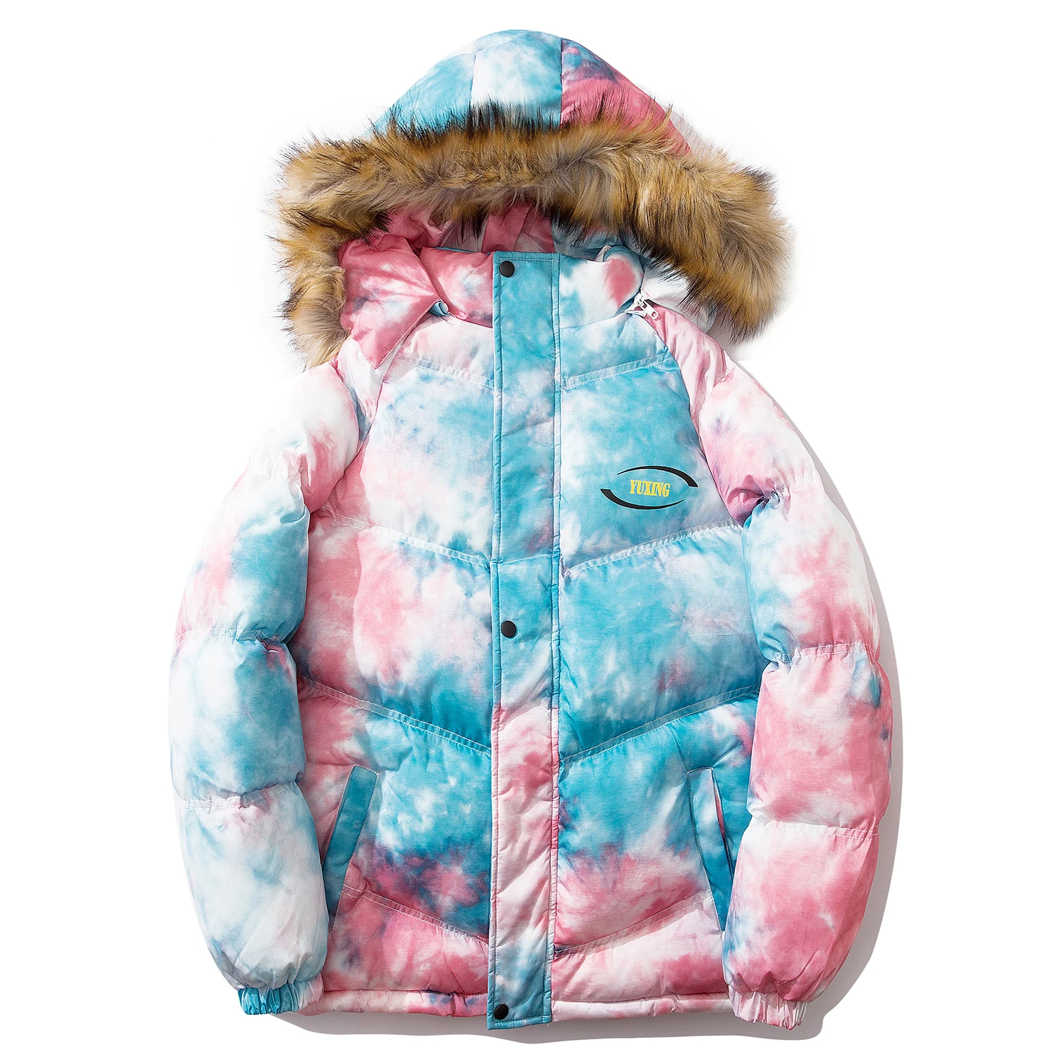 

Tie Dying Color Block Cotton Jackets Men Winter Streetwear Harajuku Hip Hop Big Fur Collar Couple Jacket Parkas Windbreaker