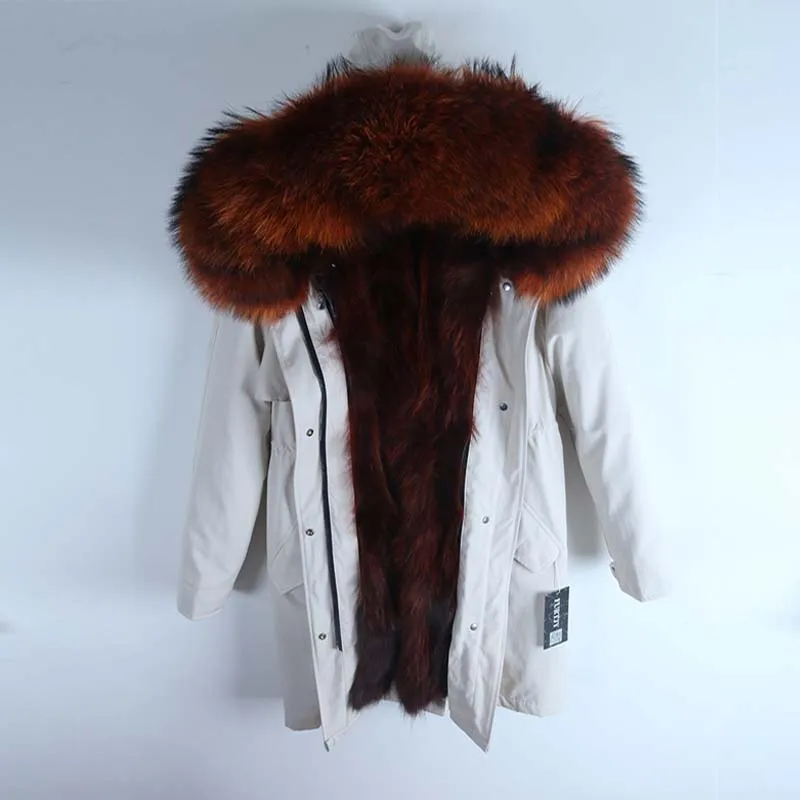 raccoon fur liner Меховые парки, длинные женские, роскошные парки из натурального меха, толстые, теплые, с воротником из меха енота, с капюшоном, с подкладкой из меха енота, теплые зимние пальто - Цвет: raccoon fur liner