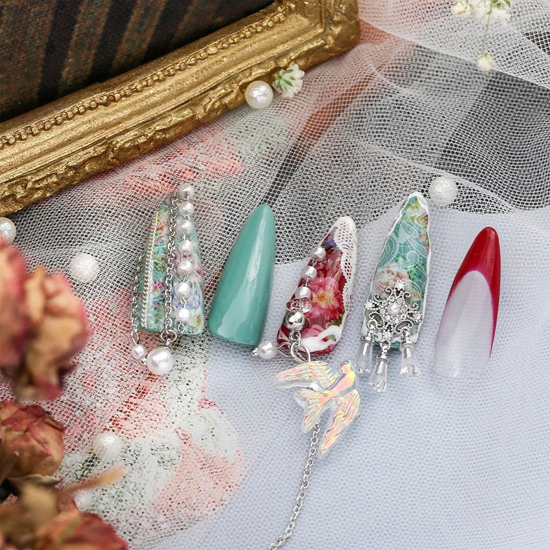 Серебряный 5 шт. Птица/Сердце/Любовь Купидон дизайн ногтей циркон Длинная цепочка Кулон Ювелирные изделия ногтей циркон алмаз ногтей циркон украшения