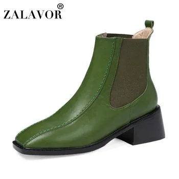 

ZALAVOR Real Leather Woman Ankle Boots Elastic Thick High Heel Winter Shoes Women Warm Slip On Short Boot Footwear Size 33-40