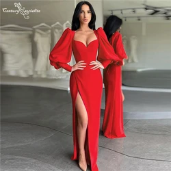Sexy Red Evening Dresses Mermaid 2021 High Slit Long Sleeve Simple Formal Gowns Prom Party Dress Robe De Soiree