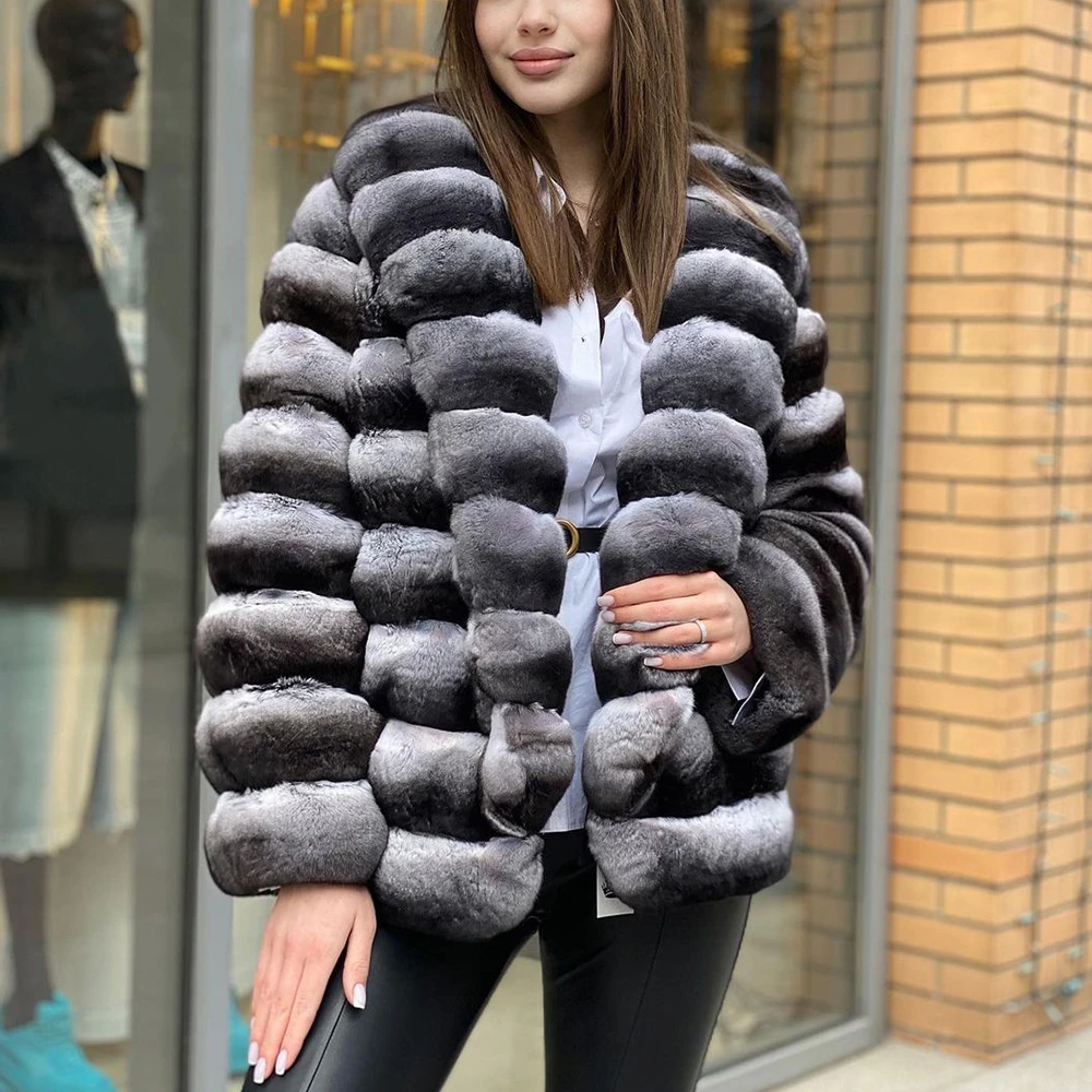 Chaqueta de piel de conejo Natural, abrigo de longitud media de Color Chinchilla, con cuello vuelto|Piel auténtica| - AliExpress