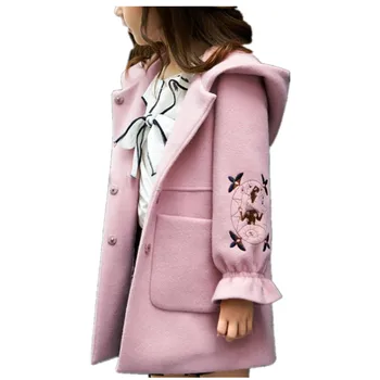 

New Autumn Winter Baby Girls embroidered Woolen Coat Warm kids Hooded Outerwear