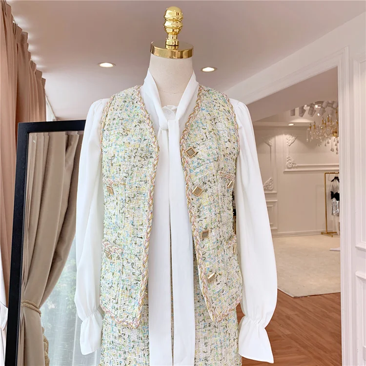 HIGH STREET/Новинка, стильный костюм для подиума, комплект женской блузки с воротником-бабочкой, рубашка, твидовый жилет, комплект с мини-юбкой, комплект из 3 предметов