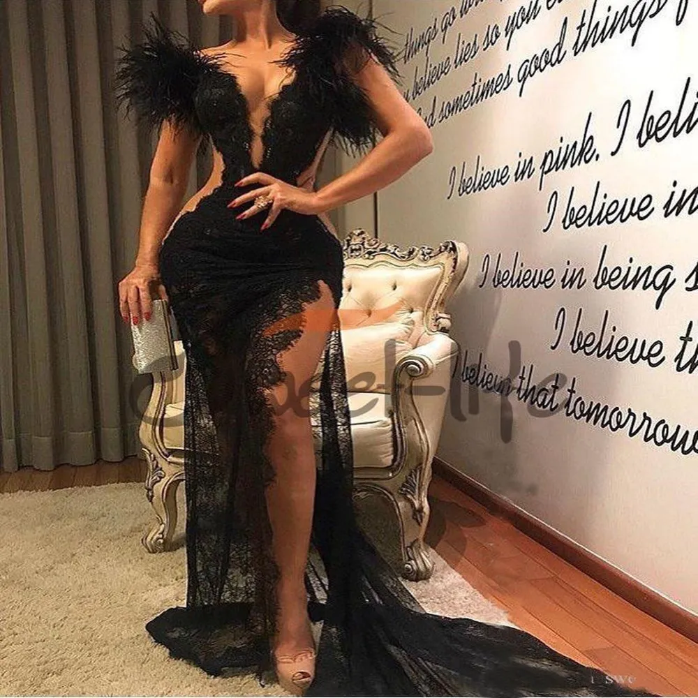 

2020 Black Lace Prom Dress Split Formal Party Pageant Wear Sheath Feather Evening Dresses Sexy V Neck See Through