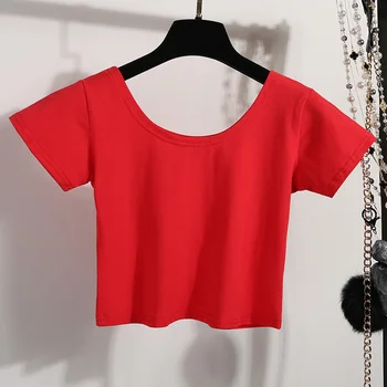 

Women Lady Solid Color Short Sleeve Round Collar shirt Crop Top Tee for Summer FS99