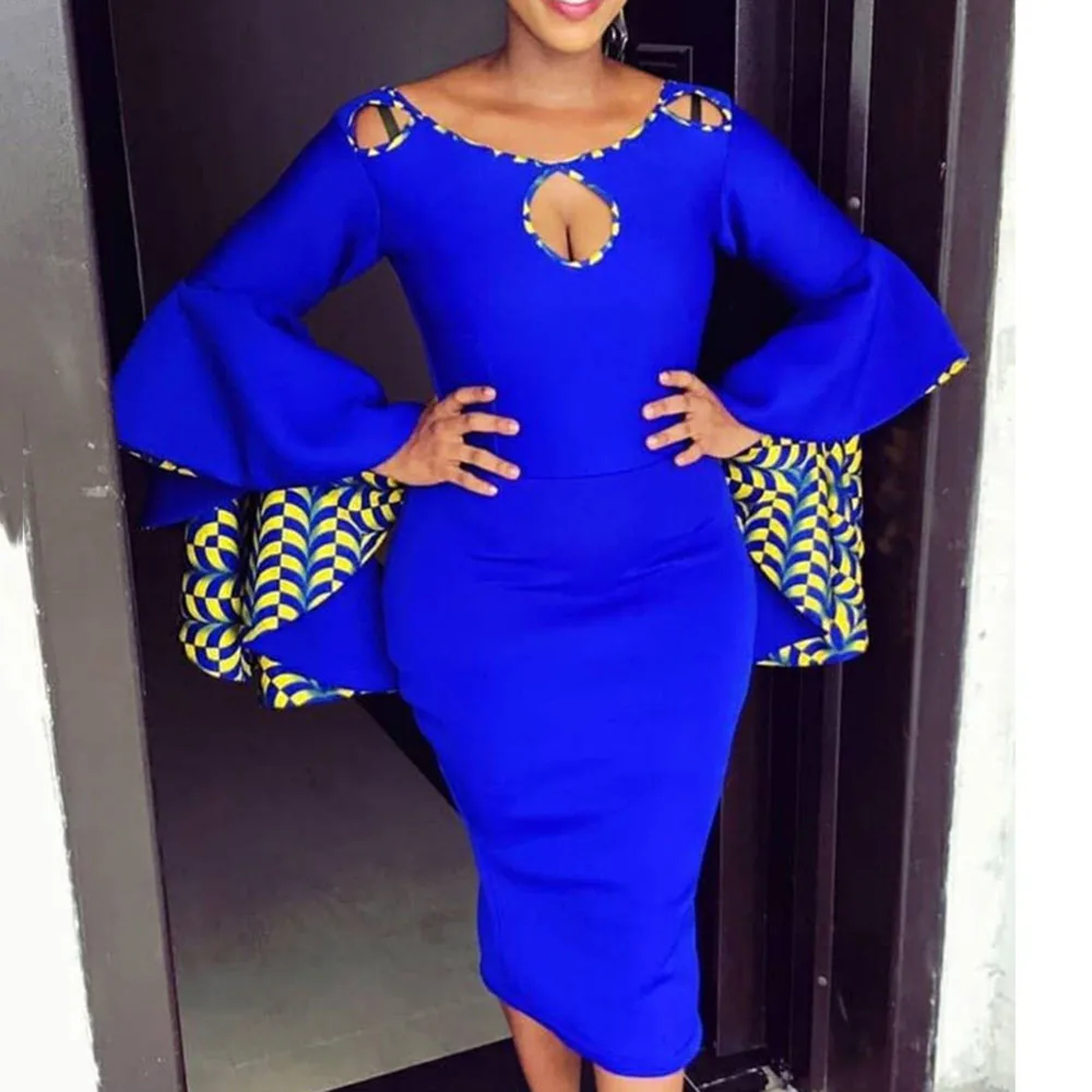 

Blue Long Sleeve Cocktail Party Dress Elegant Hollow Out Bodycon Ruffle Midi Dresses Women African Spring 2020 Vintage Robe
