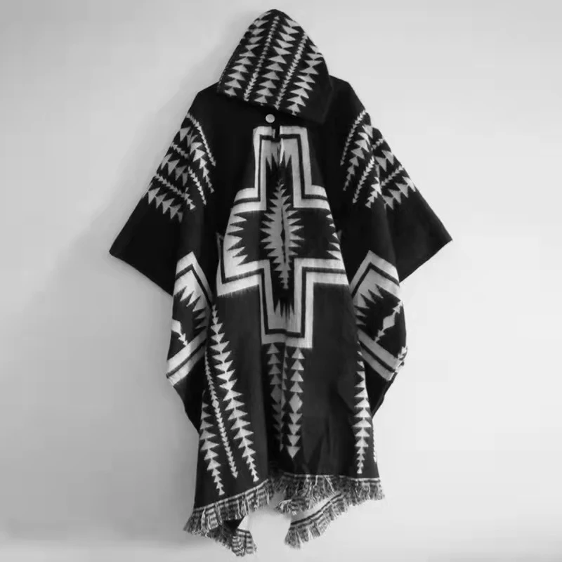 Spring Vintage Ethnic Printing Sweater Poncho Men Hoodie Pullover Knitted Outwear Streetwear Loose Cloak Fashion Casual Cape | Мужская