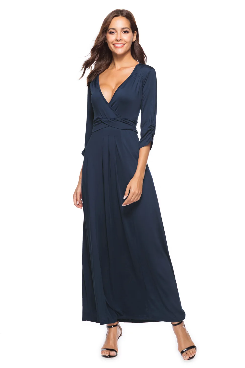 Sexy V neck Solid Black Formal Party Maxi Dress for Winter 3/4 Sleeves Vintage Floor-Length Occation Club Dress Plus Size