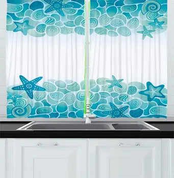 

Turquoise Seafoam Ocean Kitchen Curtains Modern Sealife Marine Sea Shells Stars Fish Under The Sea Image for Kitchen Cafe Decor