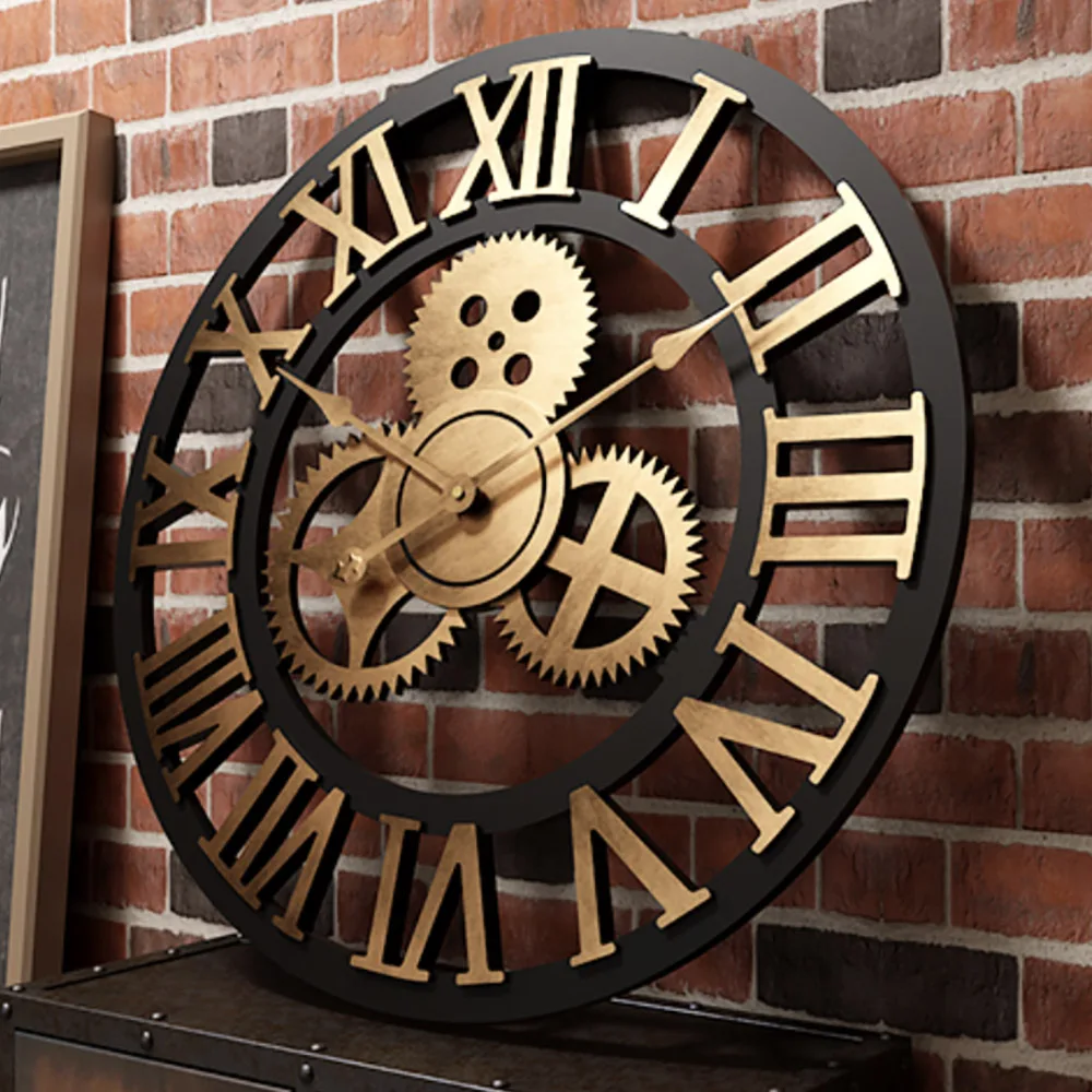 Gear Large Wall Clock Modern Design Clocks Quartz Time Mute Watch Wooden  Decor 3D Vintage Horloge Saat - 3