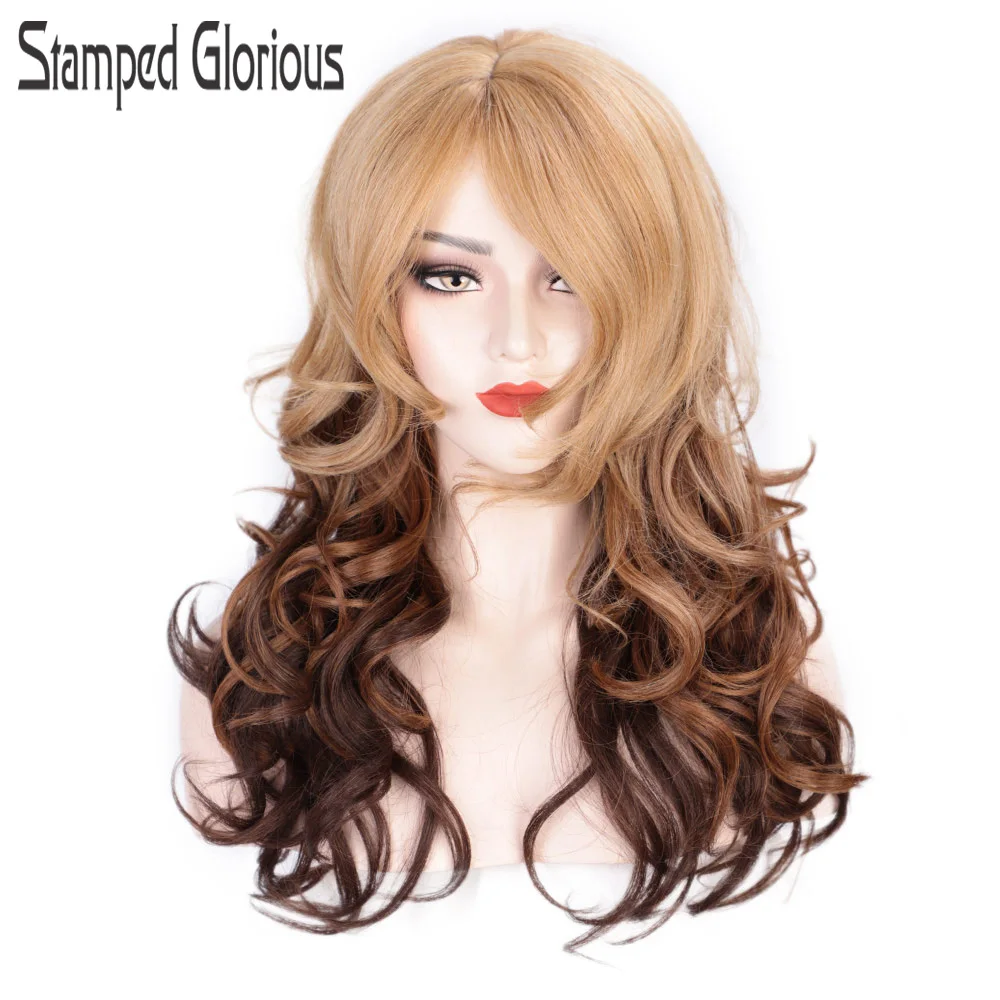 

Stamped Glorious Ombre Blonde Brown Cosplay Wig Synthetic Wave Wig for Women SidePart Heat Resistant Fiber Wavy False Hair